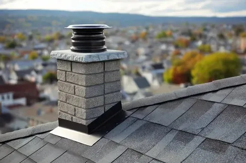 Chimney top with crown, cap and flashing on a shingle roof