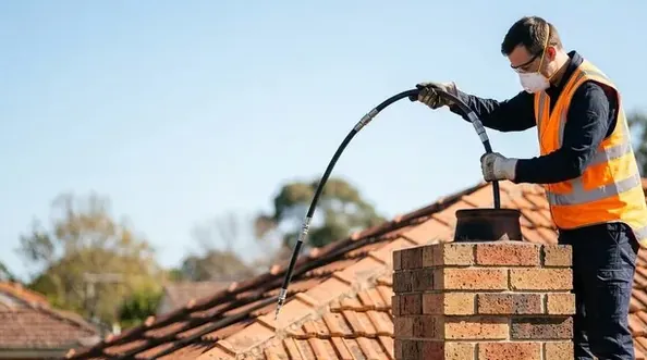 Technician lowering a new liner into a chimney from a San Mateo roof