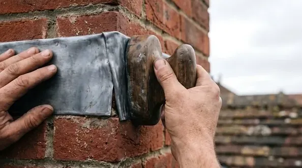 Flashing sealed against chimney brick