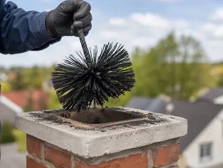 Chimney brush coming out of a soot-coated clay flue