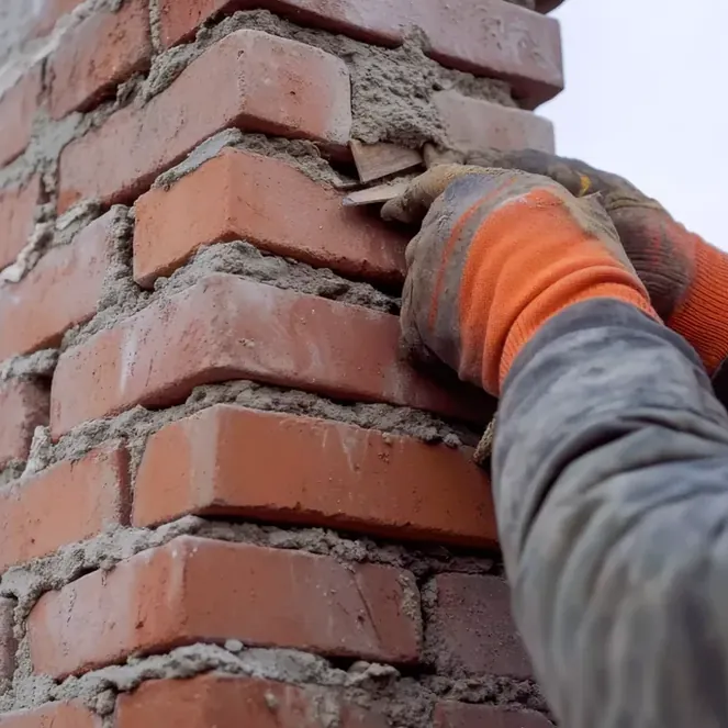 Mason pointing mortar on the brick stack of a chimney in Hillsborough