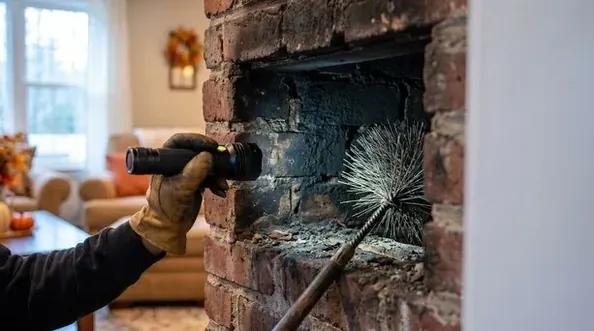 Technician using a flashlight to inspect a firebox for fire damage