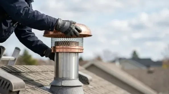 Metal flue pipe with a cap on top of a framed fireplace chase